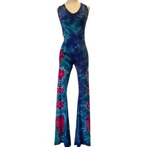 Warrior Within Designs Jumpsuit Medium hearts Blue Tie Dye Flare Hippie Yoga